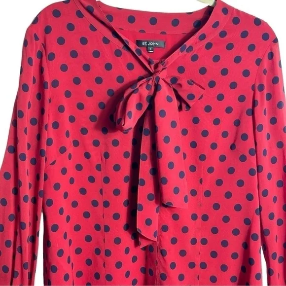St John Silk Polka Dot Blouse Neck Tie Red Blue Size 12 - Picture 6 of 16
